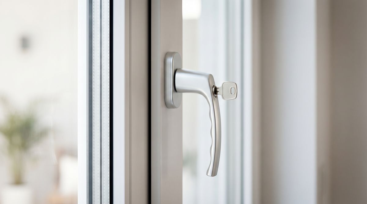 Nahaufnahme eines abschließbaren Fenstergriffs mit eingestecktem Schlüssel am weißen Fensterrahmen