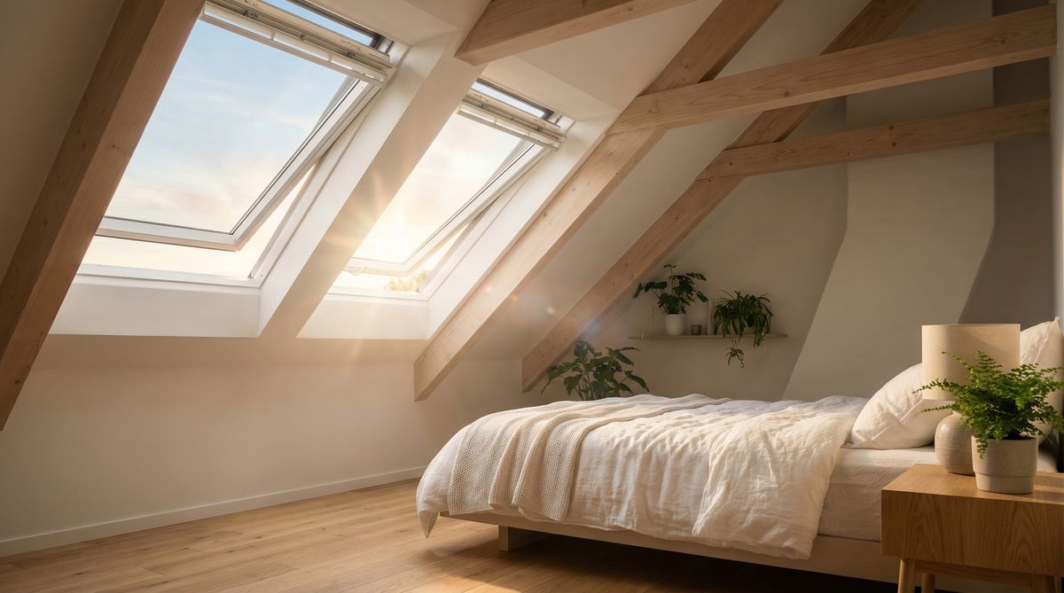 Helles Dachgeschoss-Schlafzimmer mit modernen Dachfenstern und Tageslichteinfall – GEG Dachfenster Anforderungen