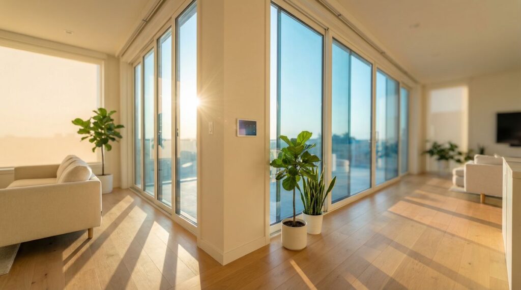 Smart Windows im modernen Wohnzimmer: Bodentiefe intelligente Fenster mit Tageslicht und Smart-Home-Steuerung