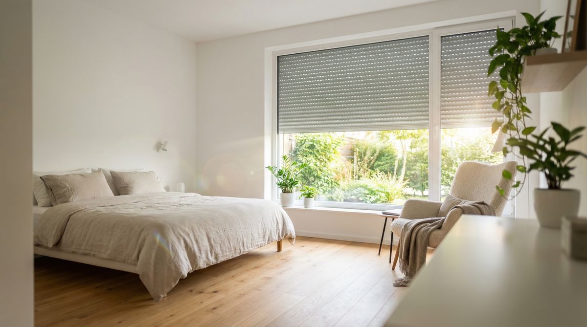 Ruhiges Schlafzimmer mit modernen Rollläden als Schallschutz am Fenster