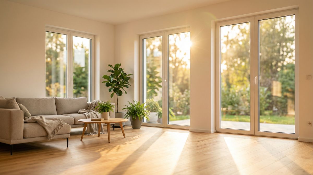 Modernes Wohnzimmer mit bodentiefen Fenstern und Dreifachverglasung Fenster Preise 2026