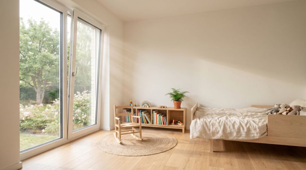 Helles Kinderzimmer mit sicherem Fenster, abgesetztes Kinderbett, Tageslicht