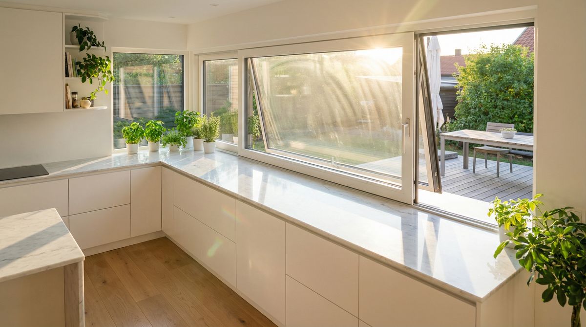 Küche mit horizontalem Schiebefenster über der Arbeitsplatte als Durchreiche zum Garten