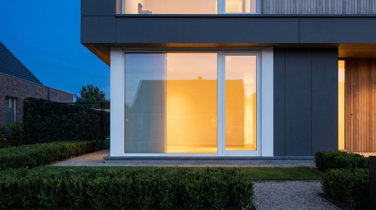 Moderne Hausfassade mit beleuchtetem Erdgeschoss-Fenster in der Dämmerung als Symbol für Fenstersicherheit