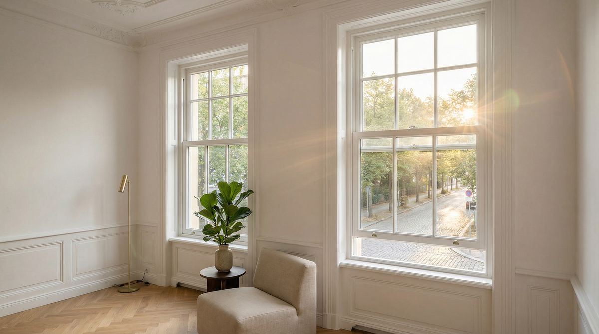 Altbauwohnung mit vertikalen Schiebefenstern im englischen Stil und hohen Stuckdecken
