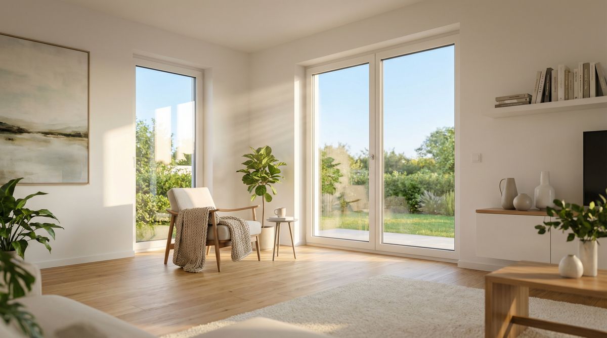 Modernes Wohnzimmer mit großen dreifachverglasten Fenstern und natürlichem Tageslicht – GEG-konforme Fenster