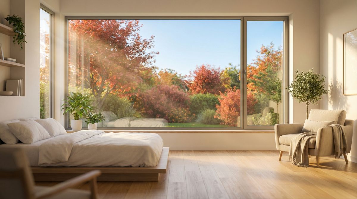 Premium Aluminium-Fenster mit schlankem Profil in einem hellen Schlafzimmer – Fensterhersteller Vergleich