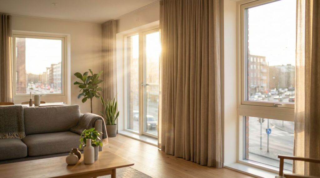 Modernes Wohnzimmer mit großen Fenstern und schweren Schallschutzvorhängen für besseren Lärmschutz