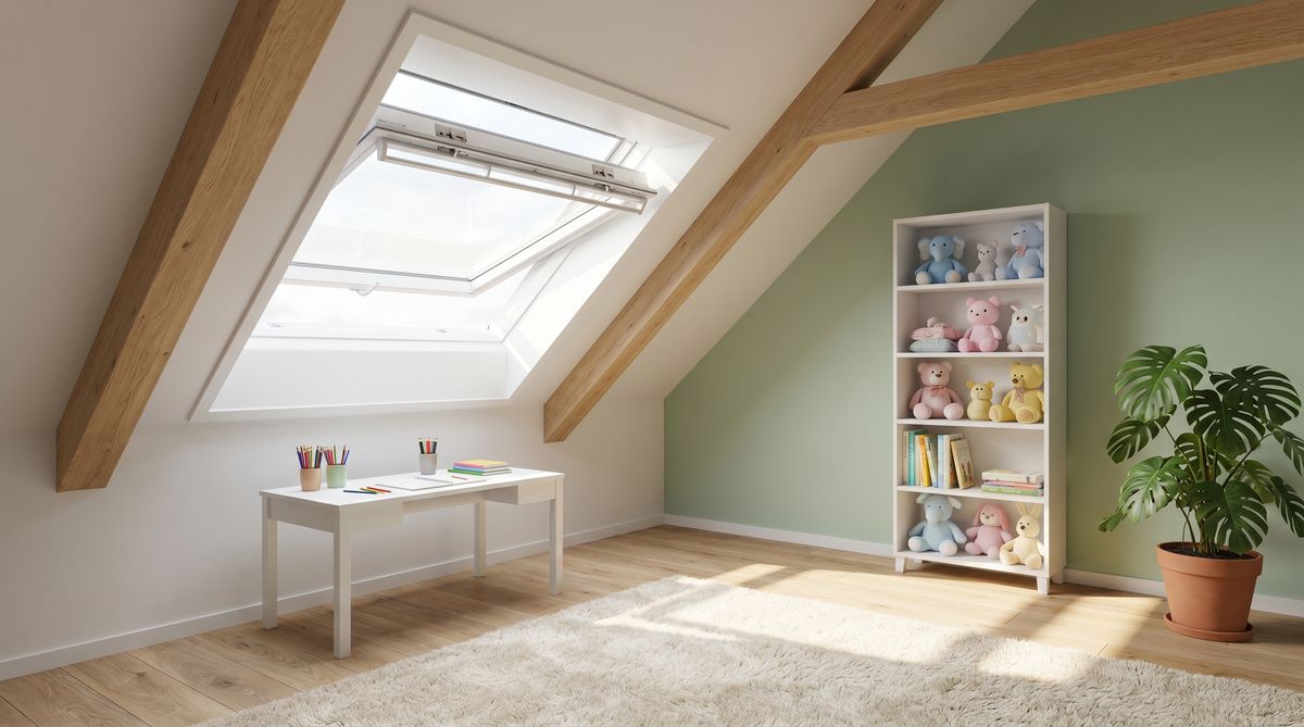 Dachgeschoss-Kinderzimmer mit sicherem Dachfenster und Lichteinfall