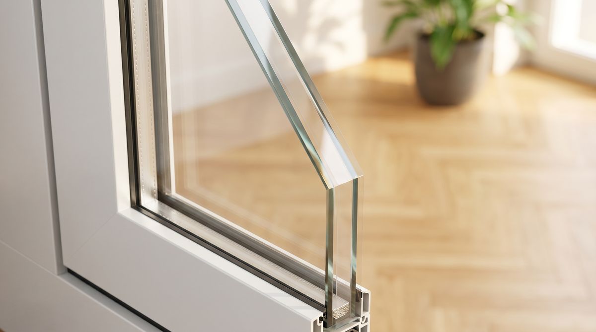 Makro-Detail einer asymmetrischen Schallschutzverglasung mit unterschiedlichen Glasstärken