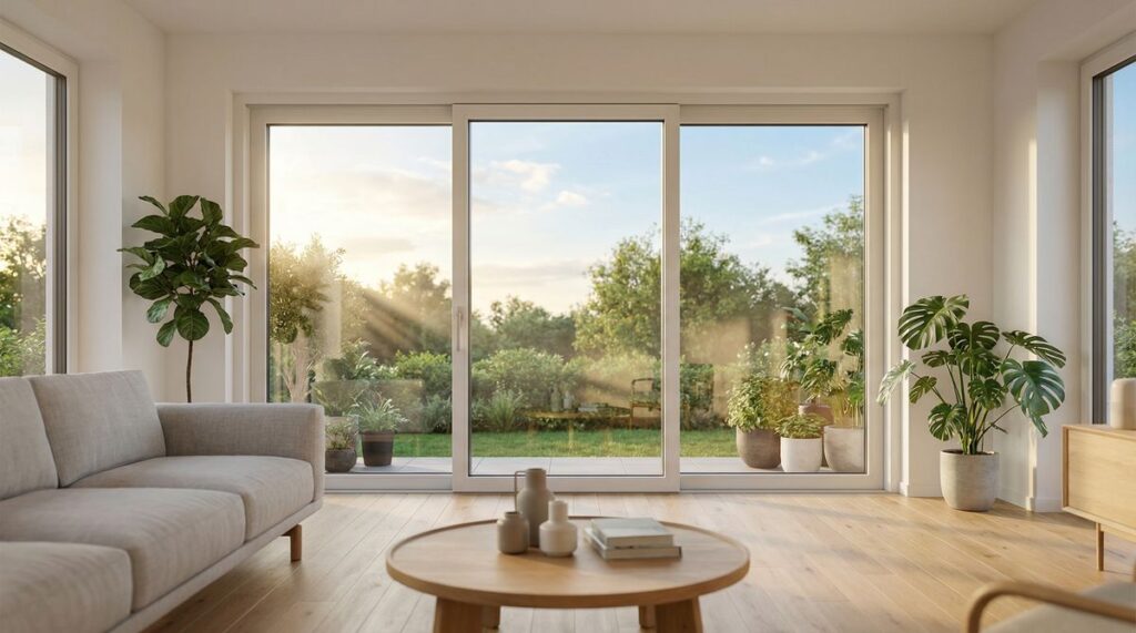 Modernes Wohnzimmer mit großem Hebe-Schiebe-Fenster und Blick auf Gartenterrasse
