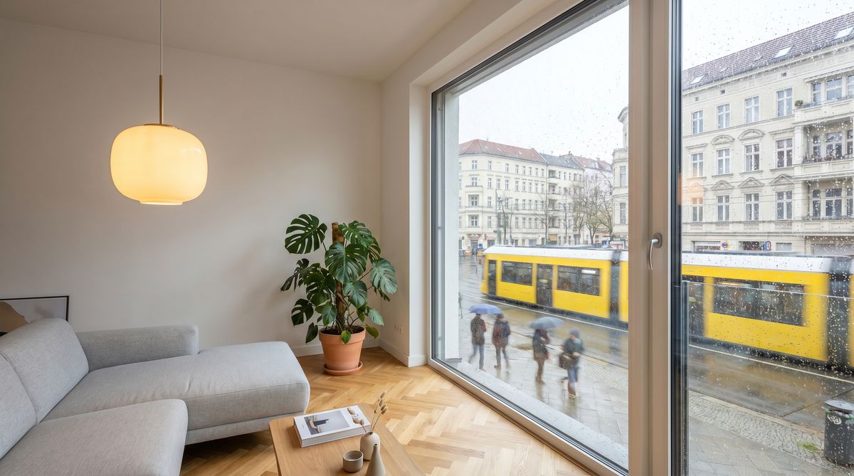Modernes Wohnzimmer mit Schallschutzfenster, Hauptstraße draußen, ruhige Atmosphäre innen