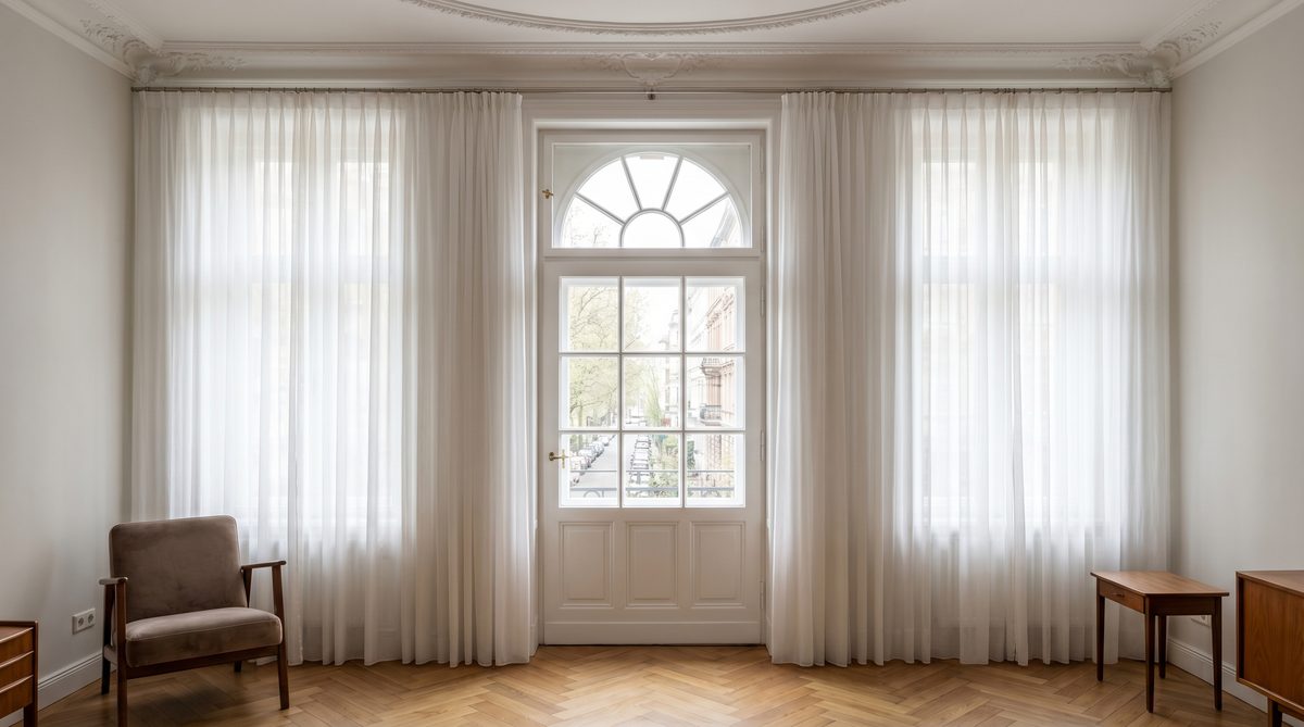 Sprossenfenster im Gruenderzeit-Altbau Schlafzimmer mit hohen Stuckdecken und Fischgraetparkett