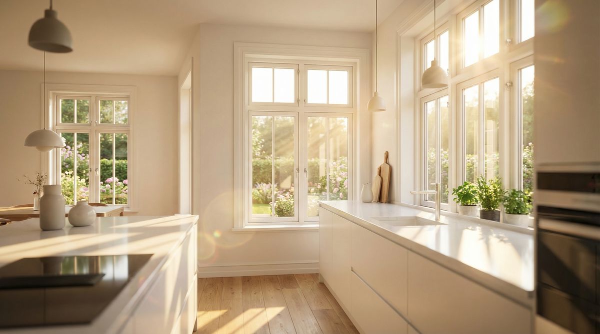 Moderne Küche mit hochwertigen Kunststofffenstern und Dreifachverglasung – natürliches Tageslicht