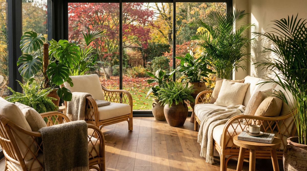 Gemuetlicher Wohnwintergarten von innen mit Sitzecke und Pflanzen