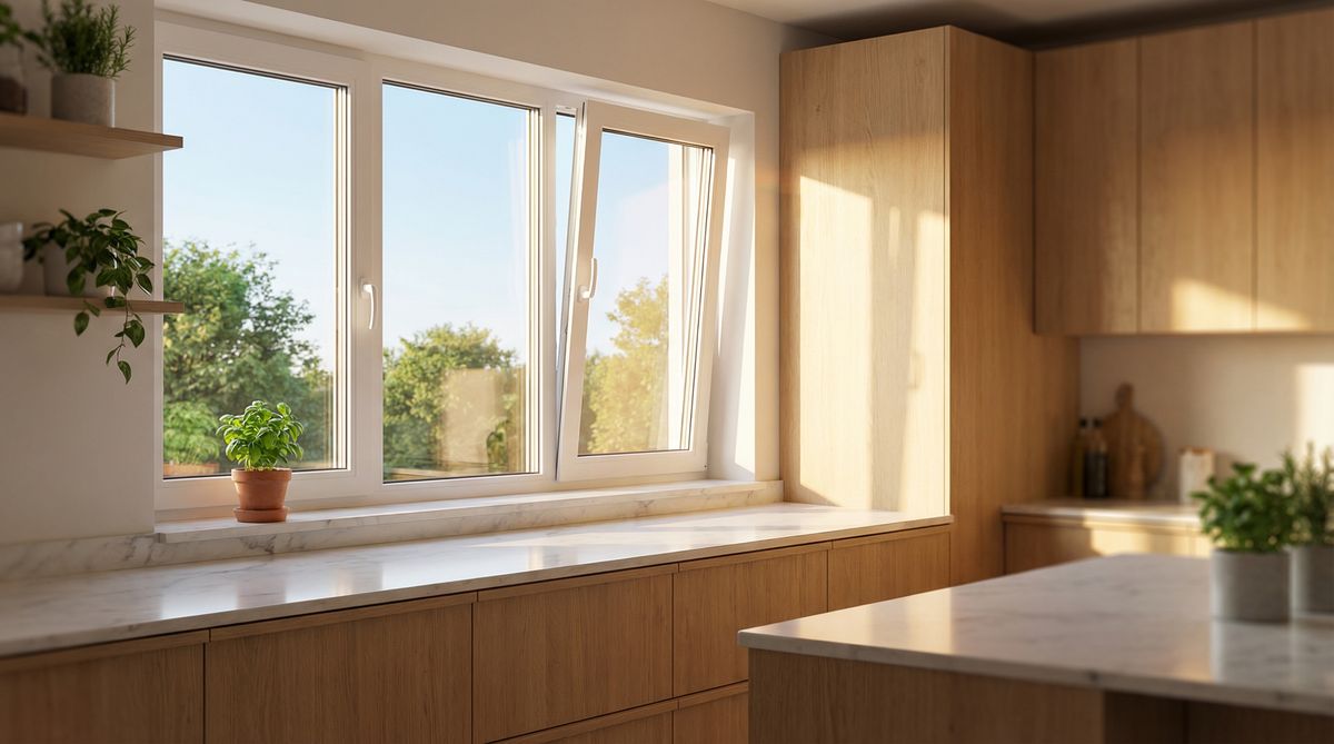 Hochwertiges Kunststofffenster mit Dreifachverglasung in einer modernen Küche mit Tageslicht