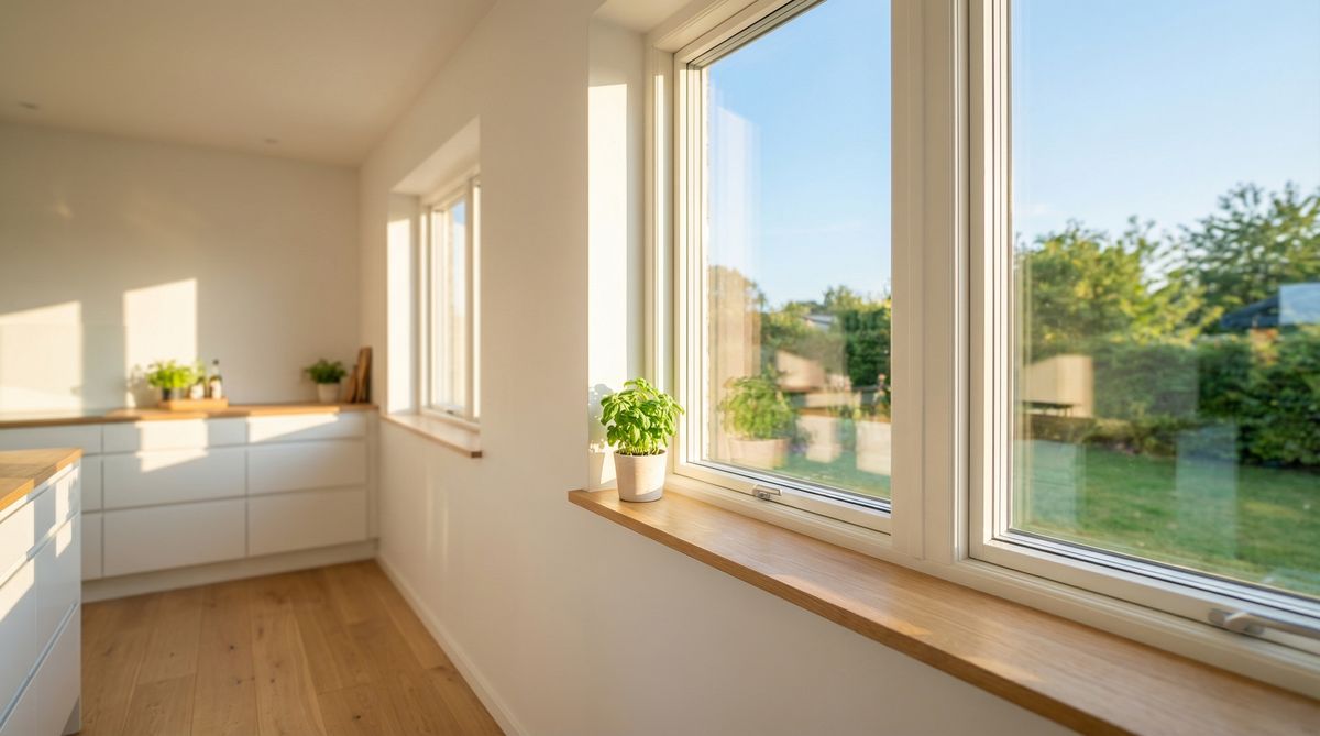 Fachgerechte RAL Montage eines modernen Fensters in einer hellen Küche