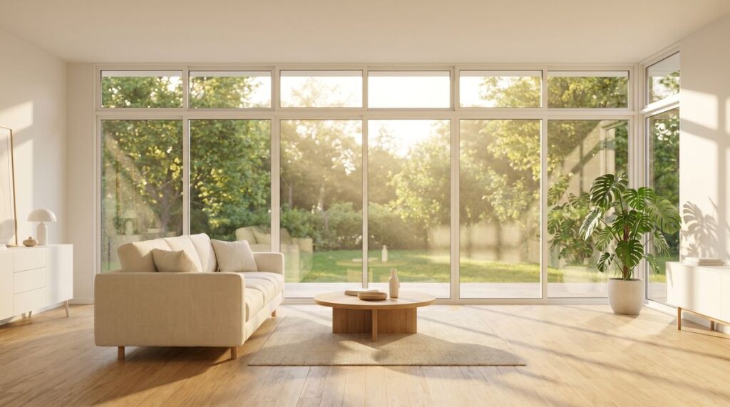 Modernes helles Wohnzimmer mit bodentiefen Fenstern und Tageslichteinfall