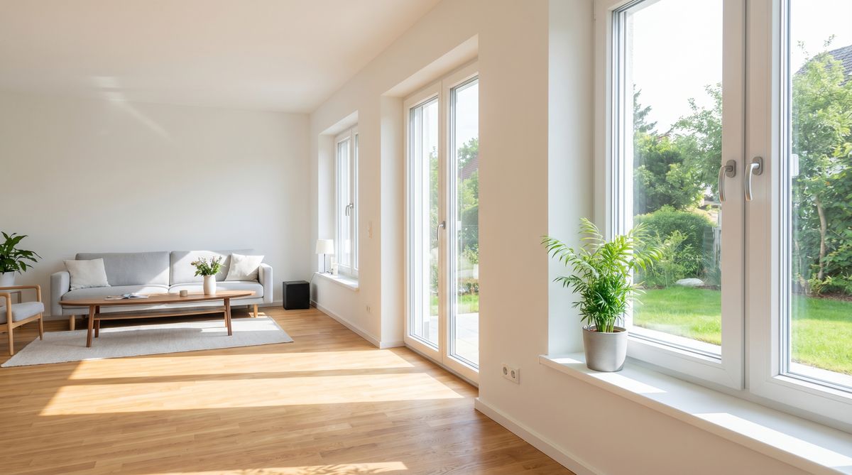 Abschließbarer Fenstergriff an einem weißen Kunststofffenster in einem hellen modernen Wohnzimmer mit Blick in den Garten