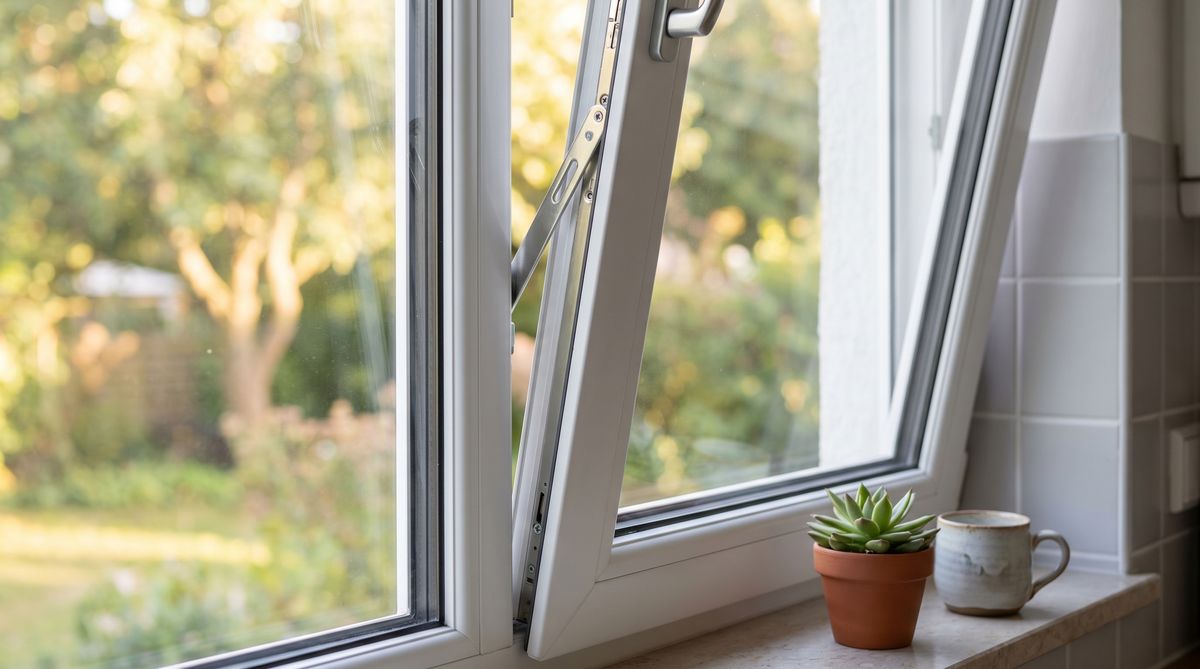 Küchenfenster in Kippstellung für die Belüftung – Detailaufnahme von Rahmen und Beschlag