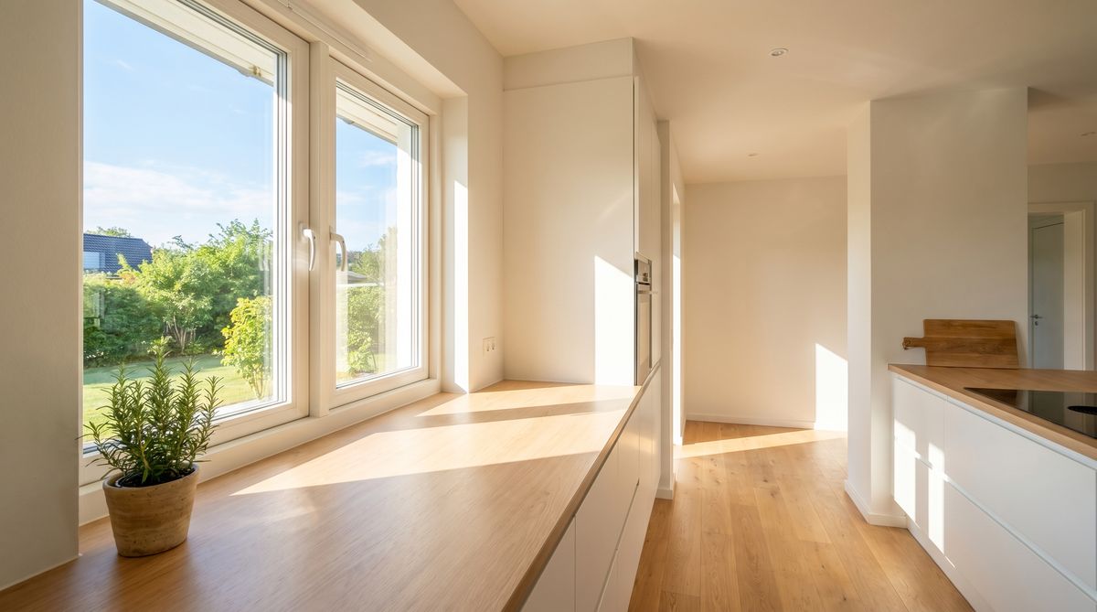 Sauberer Kunststoff-Fensterrahmen in moderner Küche mit Morgenlicht