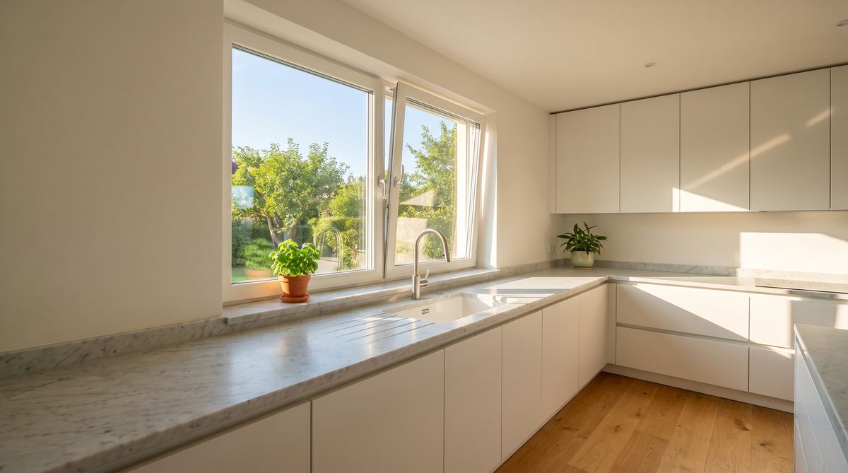 Modernes Küchenfenster über der Spüle mit Tageslicht und Gartenblick – helle skandinavische Küche