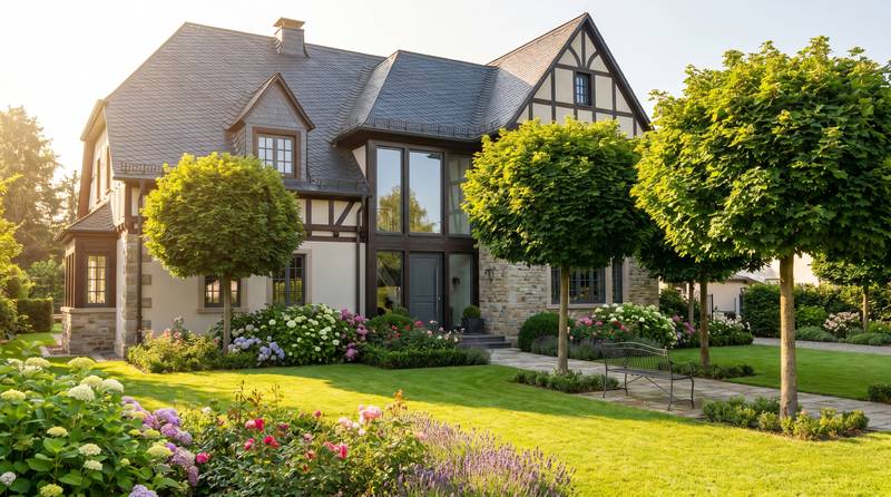 Gepflegter Garten mit fachgerecht geschnittenen Bäumen vor einem Wohnhaus