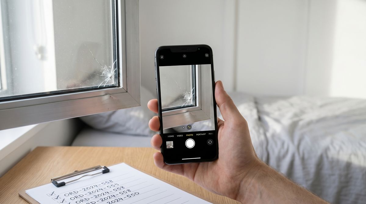 Hand fotografiert Fenster-Schaden mit Smartphone fuer Reklamation