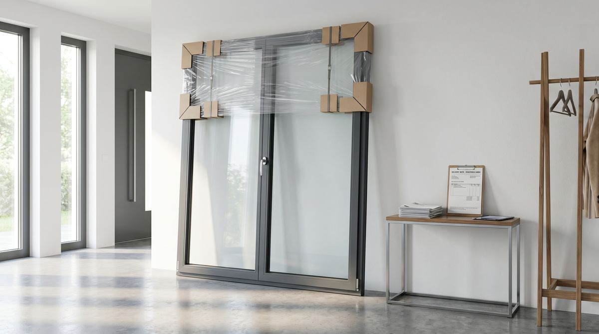 Grosses Fenster mit Transportverpackung im Hausflur nach Online-Lieferung