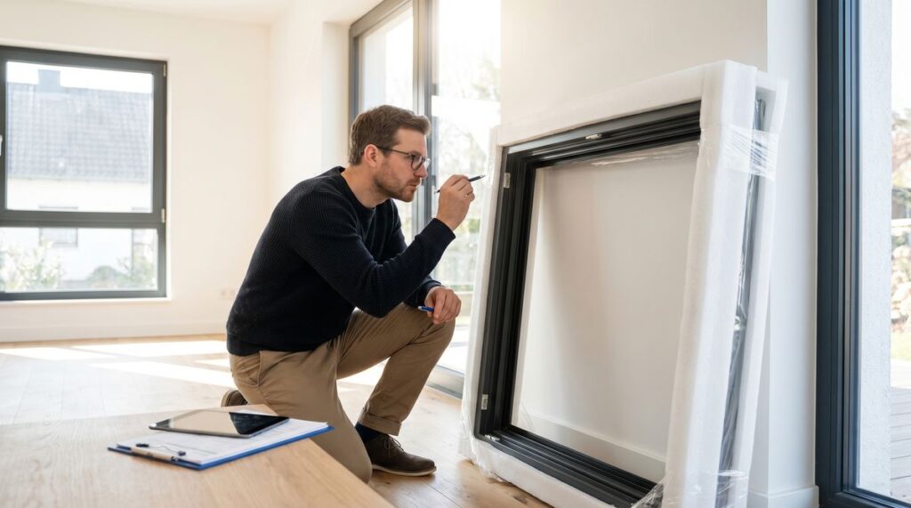Hauseigentuemer prueft frisch geliefertes Fenster im Wohnzimmer auf Maengel