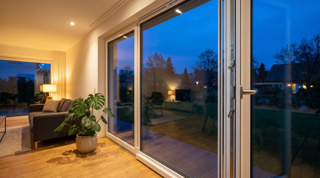Modernes Wohnzimmer mit sicheren Fenstern und Einbruchschutz RC2 – Blick durch große Fensterfront bei Dämmerung
