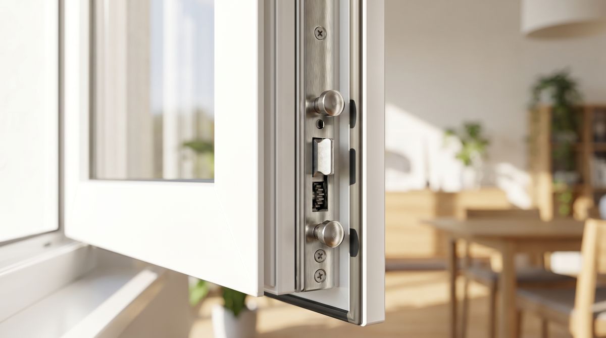 Nahaufnahme eines modernen Fensterbeschlags mit Sicherheitsverriegelung für Einbruchschutz