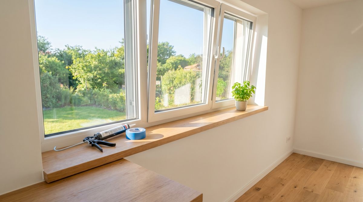 Fenster abdichten in der Küche: Moderne Küche mit großem Fenster und Abdichtwerkzeug auf der Fensterbank