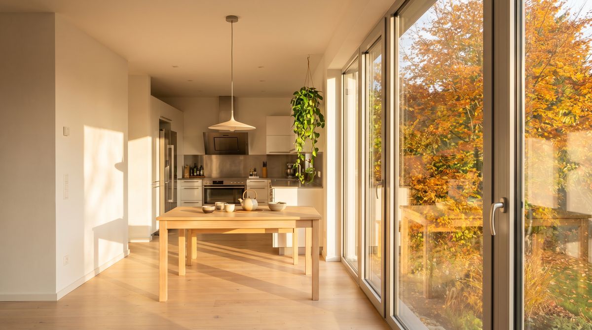 Großes Küchenfenster im Essbereich mit warmem Abendlicht und Herbstgarten-Aussicht