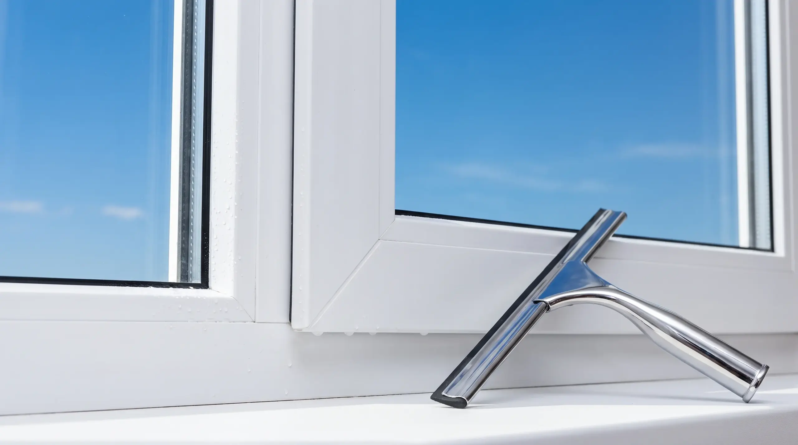 Professioneller Fensterabzieher auf weißem Kunststofffensterrahmen – Fenster streifenfrei putzen