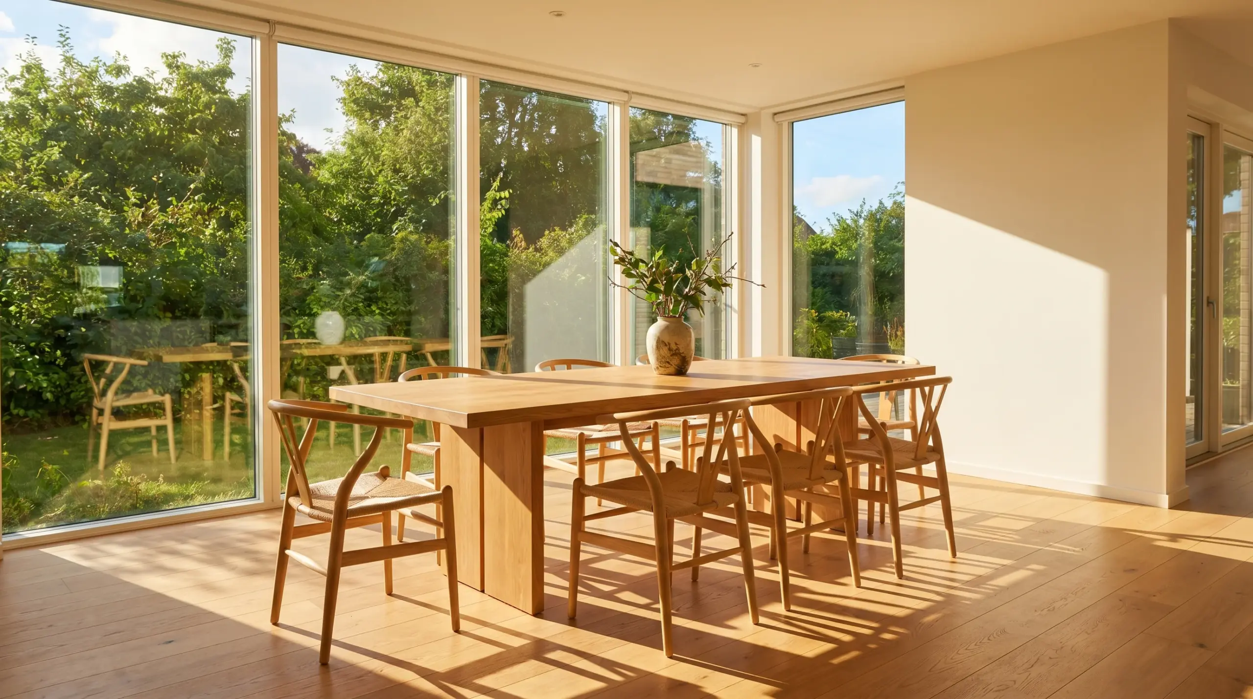 Fenster online bestellen – helles Esszimmer mit Panoramafenster und Blick in den Garten