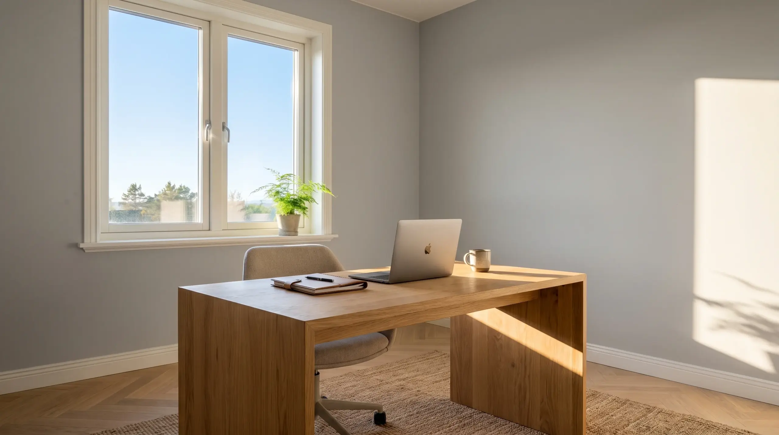 Fenster online bestellen – modernes Homeoffice mit großem Fenster und natürlichem Tageslicht