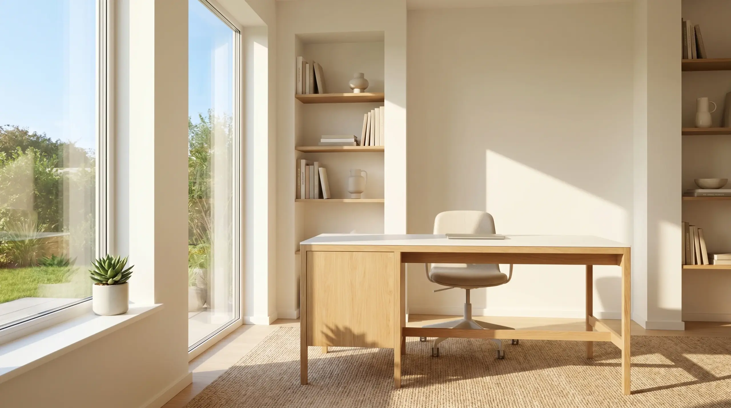 Fenster U-Wert Homeoffice – großes Fenster mit warmem Morgenlicht neben Schreibtisch