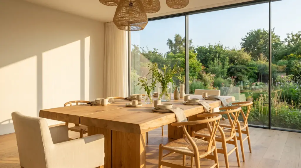 U-Wert Fenster – helles Esszimmer mit großem Panoramafenster und natürlichem Tageslicht