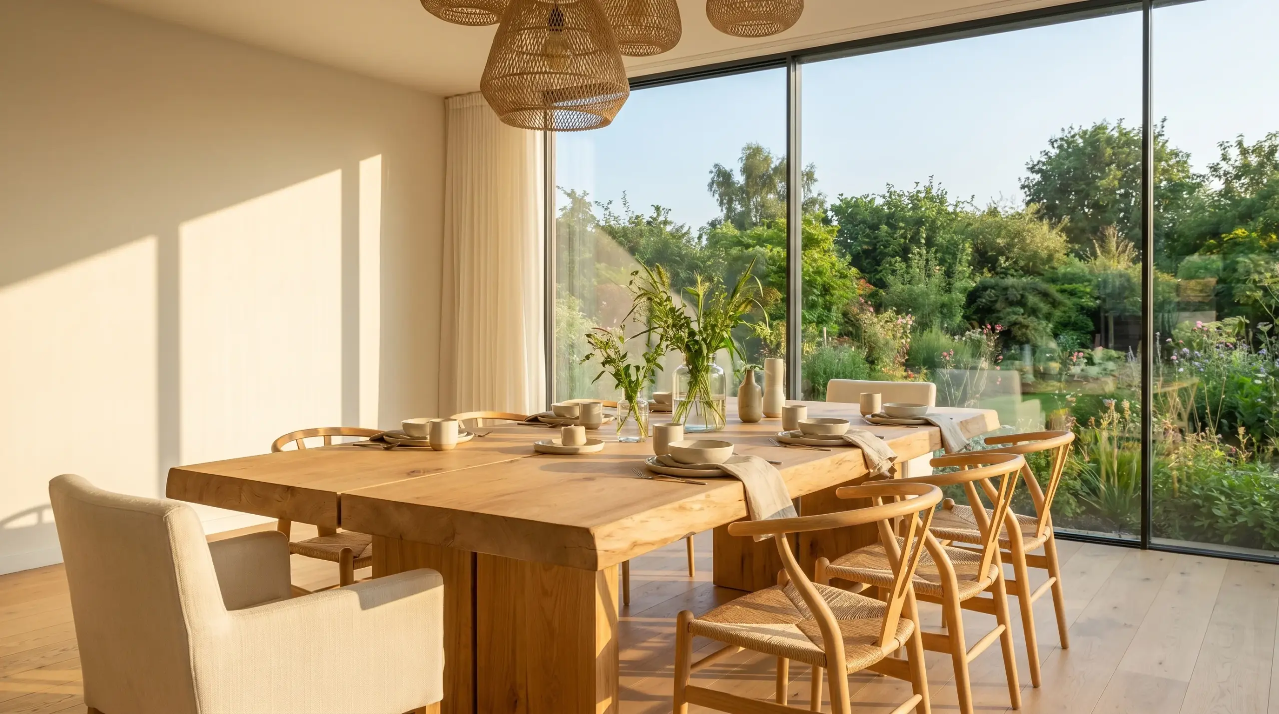 U-Wert Fenster – helles Esszimmer mit großem Panoramafenster und natürlichem Tageslicht