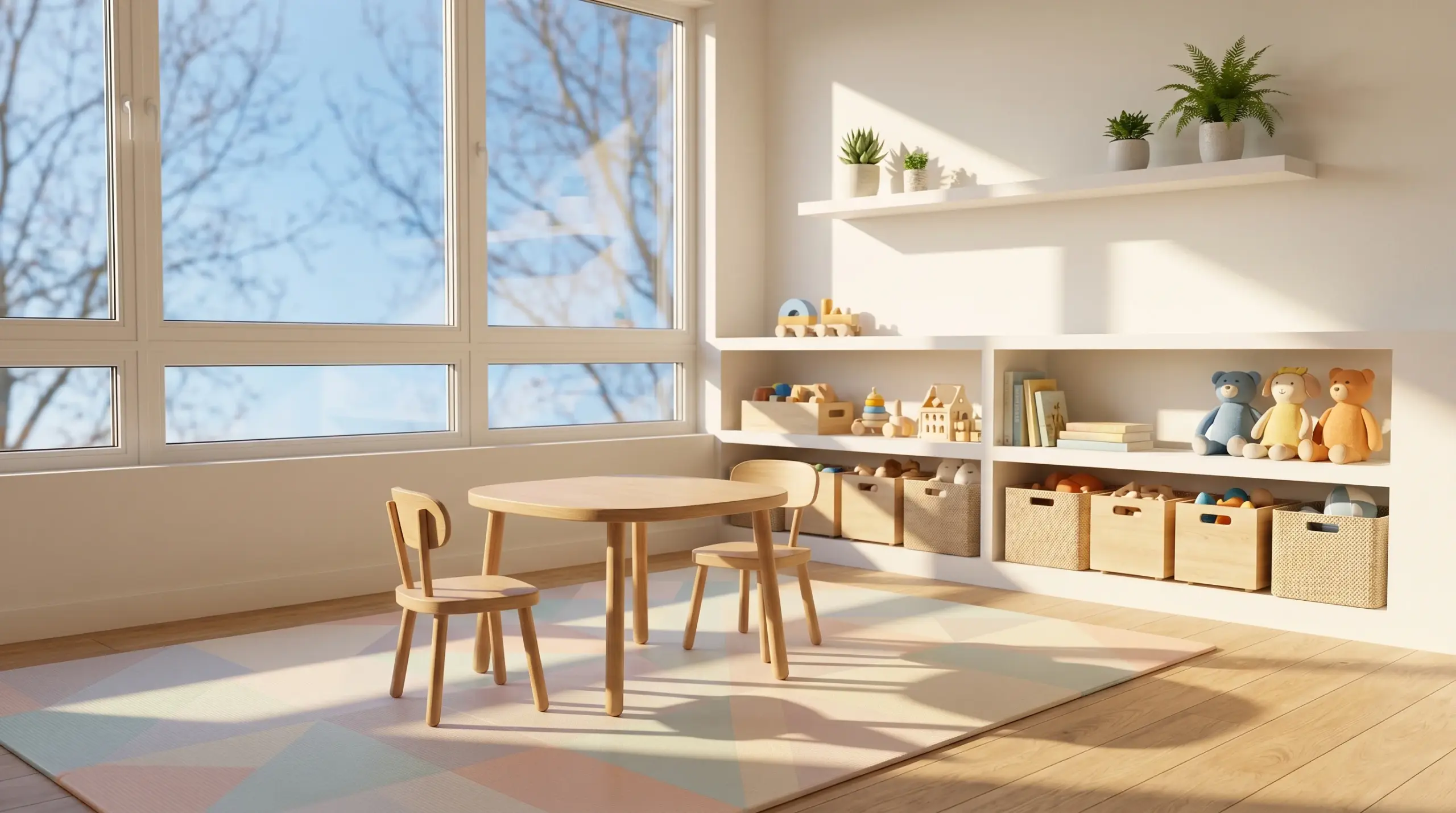 Helles Kinderspielzimmer mit breiten Fenstern und viel natürlichem Tageslicht