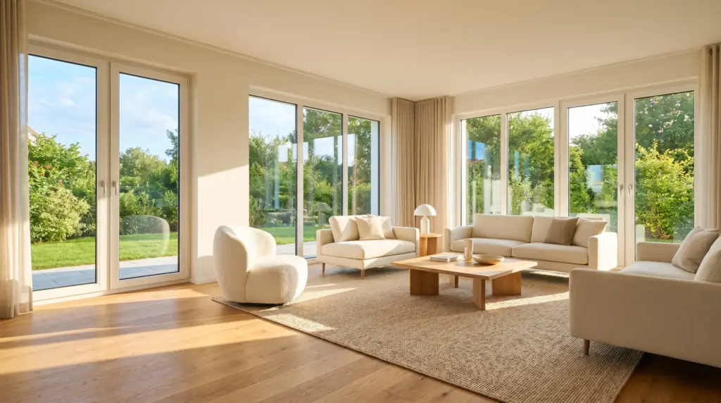 Kunststofffenster vs Holzfenster vs Alufenster – modernes Wohnzimmer mit bodentiefen Fenstern