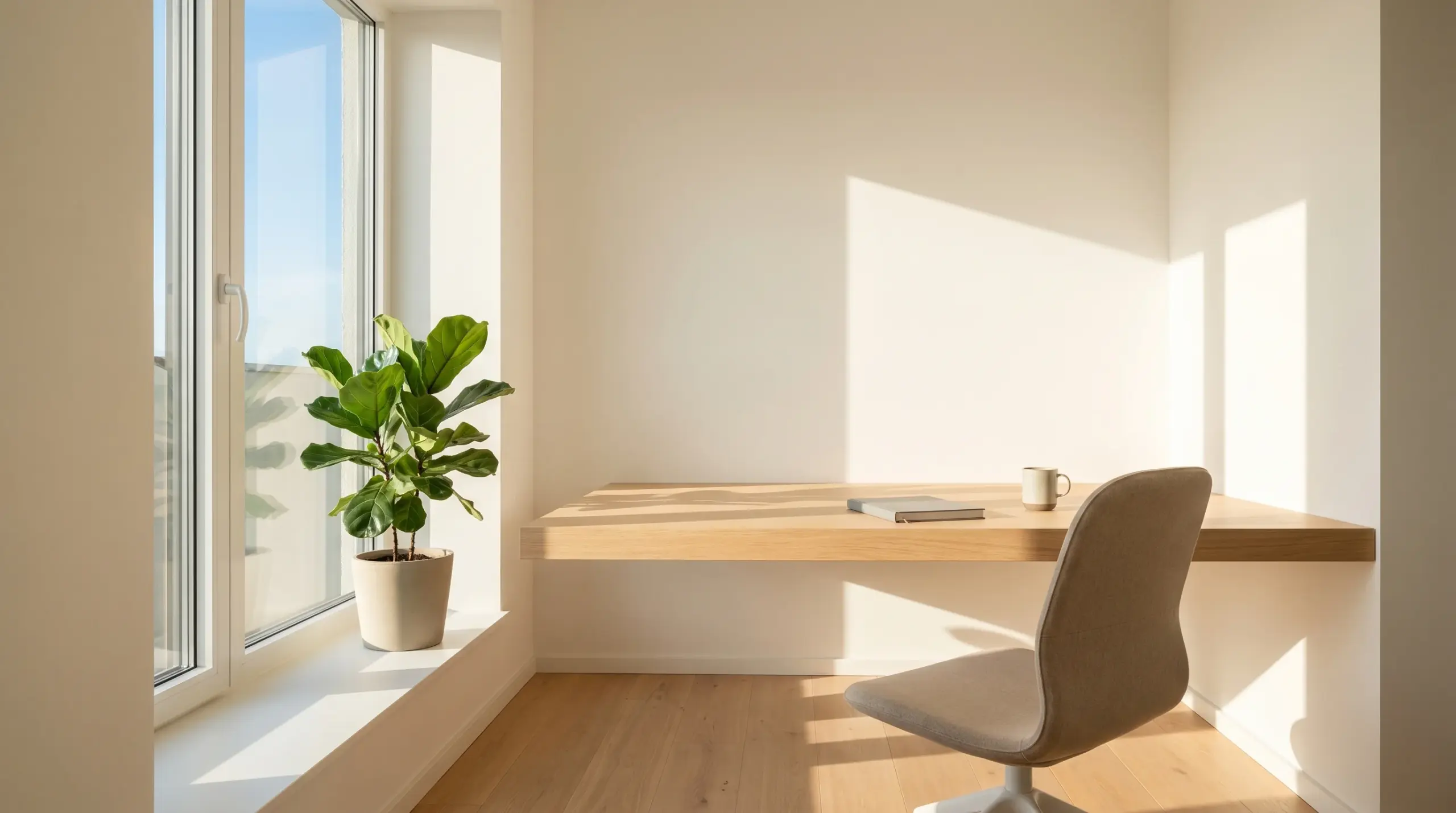 Fenster online kaufen oder Fachhandel - helles Homeoffice mit großem Fenster und Tageslicht