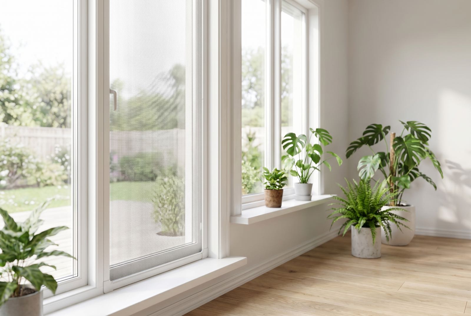 Weißes Fliegengitter am Fenster im hellen Wohnzimmer