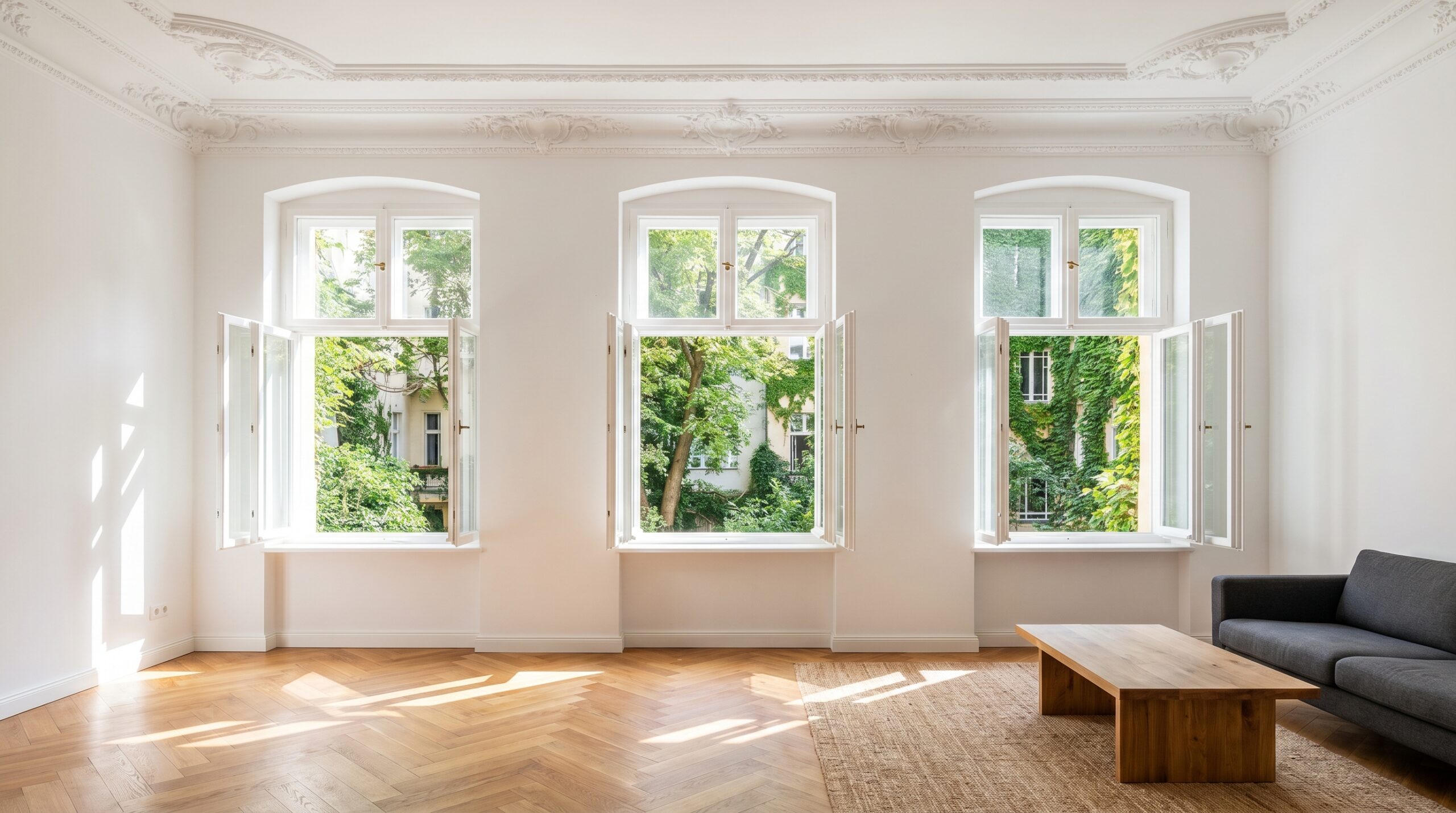 Altbau Wohnzimmer mit hohen Decken, Stuckleisten und modernen Holzfenstern nach Sanierung
