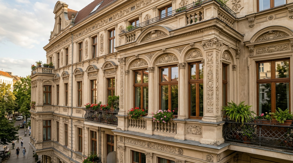 Modernes Holz-Alu-Fenster eingebaut in historische Stuckfassade eines Altbaus – Fenster tauschen im Altbau