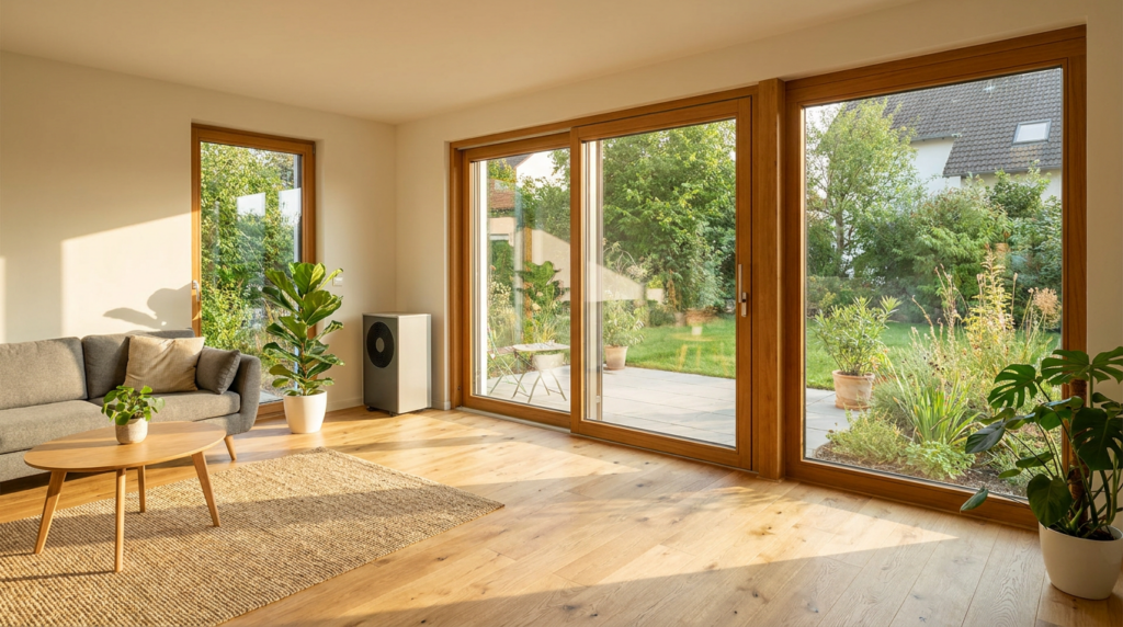 Heller Wohnraum mit neuen energieeffizienten Fenstern und BAFA-förderfähiger Sanierung