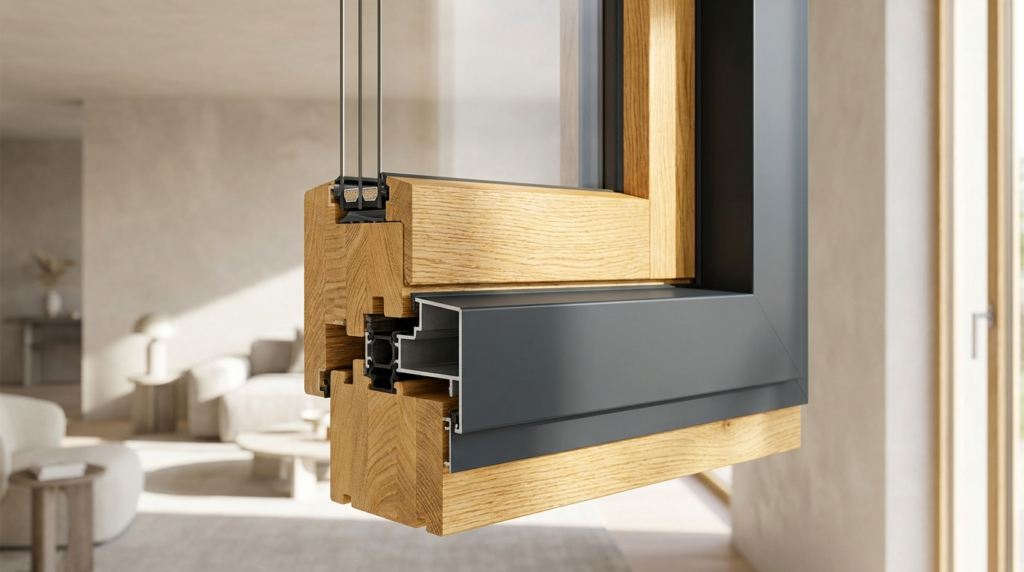 Nahaufnahme eines Holz-Alu-Fensterrahmens: Holz innen, Aluminium außen
