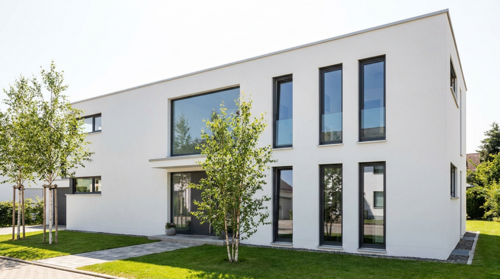 Modernes Wohnhaus mit mehreren neuen großen Fenstern bei Tageslicht