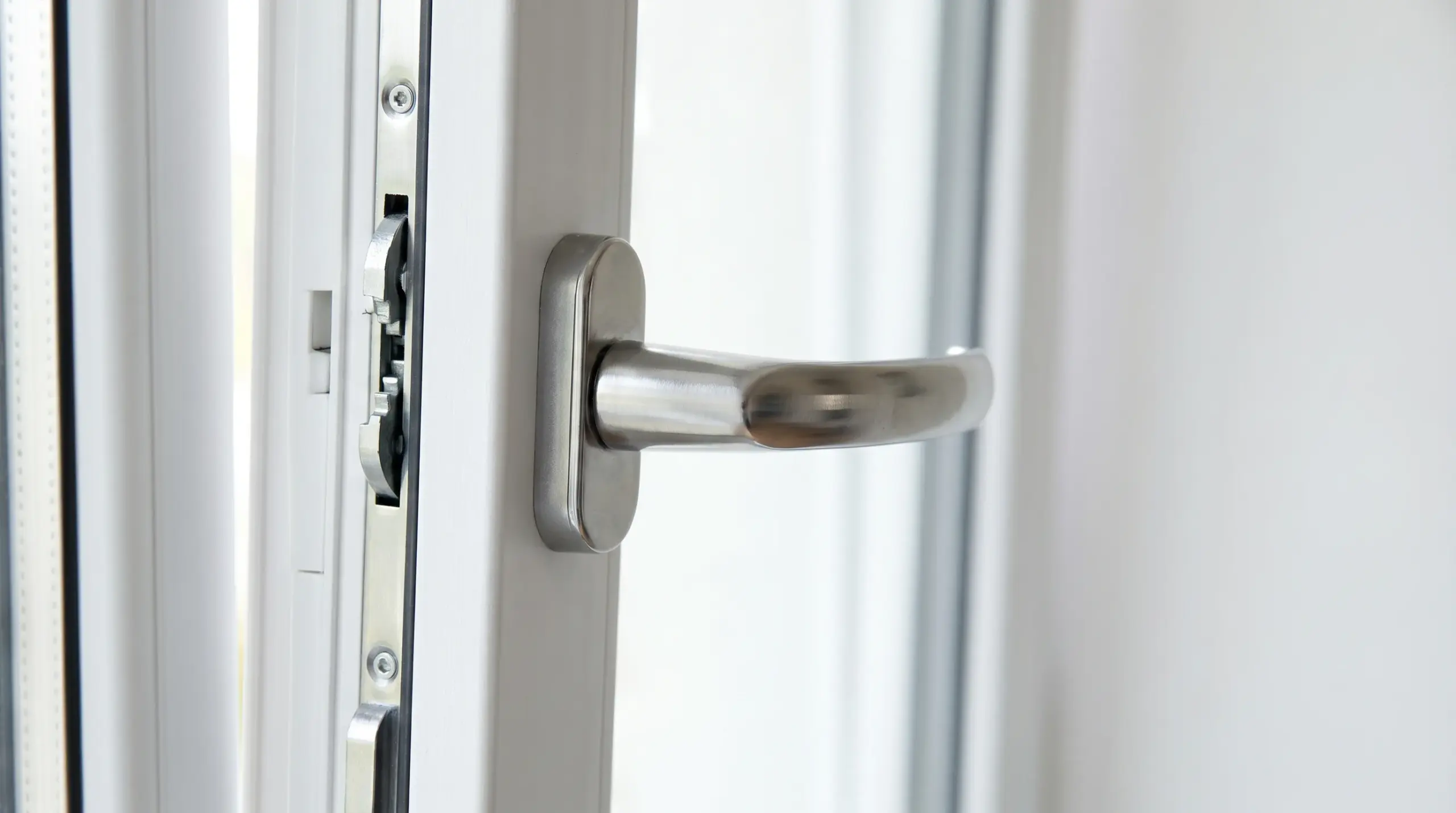 Nahaufnahme moderner Fenstergriff an Kunststofffenster – Materialvergleich Fenster